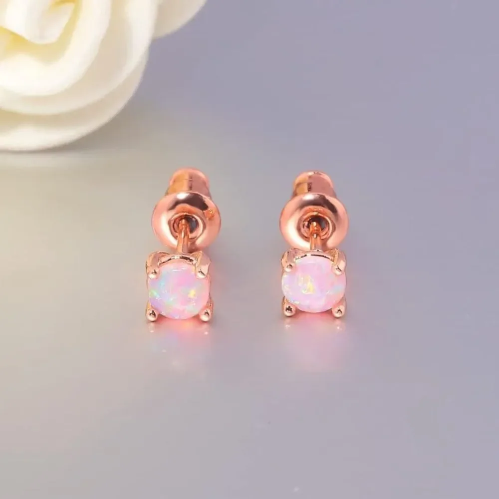 14K Rose Gold with Genuine Pink Fire Opal Huggie and Stud Earrings Set of 2